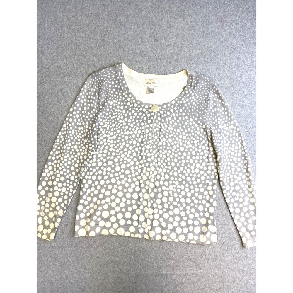Studio Works Womens Sweater Shirt Blouse‎ Size Medium Grey White Polkadot